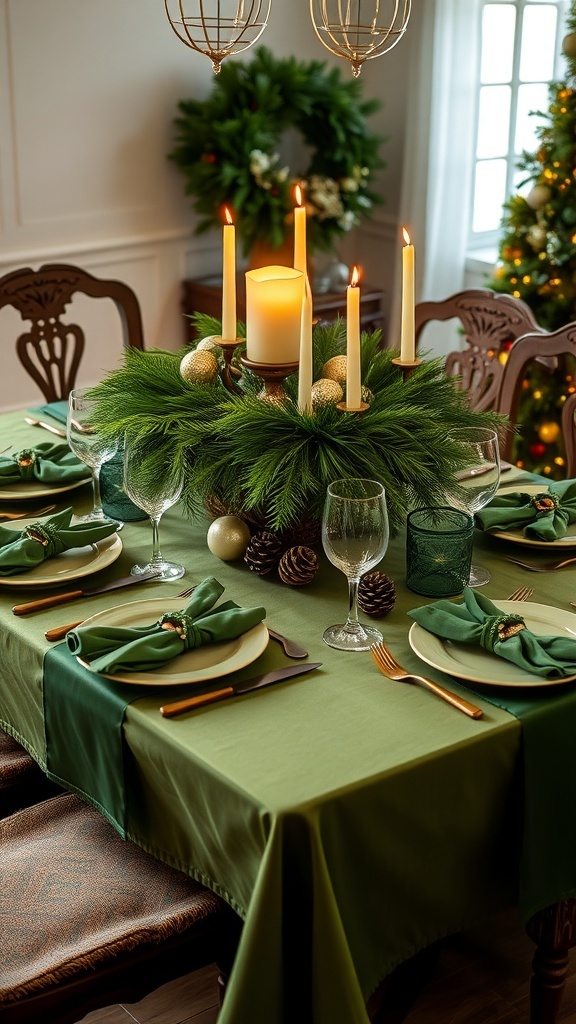 Elegant Green Christmas Table Settings Elegant Christmas table setting with green tablecloth, dinnerware, and evergreen centerpiece.